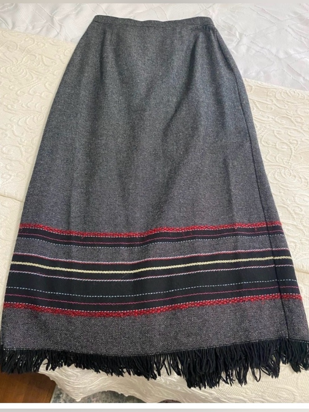 Black Maxi Skirt with Red Stripe and Fringe Hem